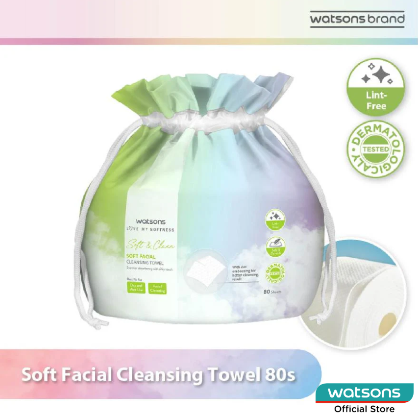 Watsons Brand Soft Facial Cleansing Towel 80s drawstring pack highlighting lint-free and dermatologically tested paper goods.