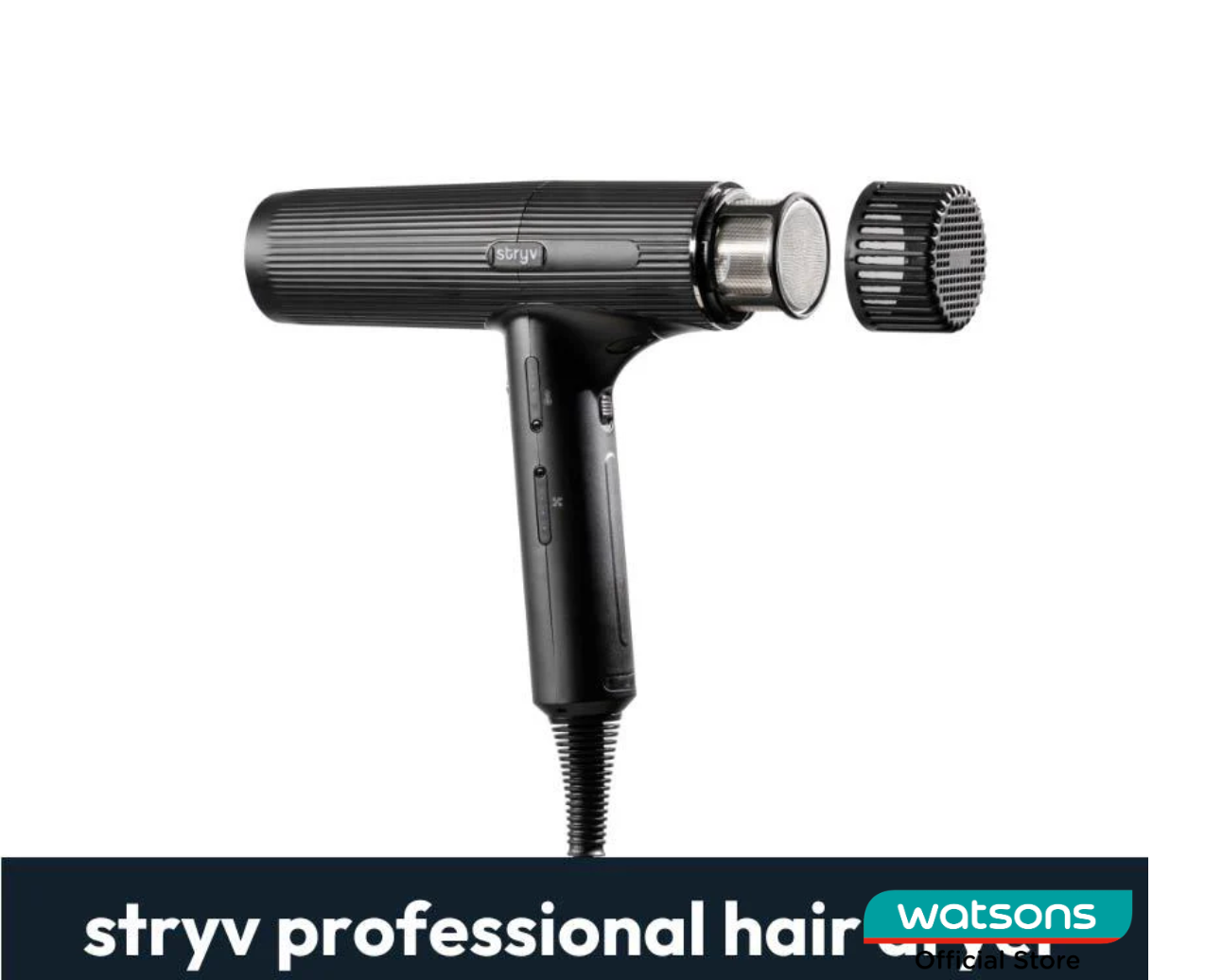Stryv professional hair dryer in black with detachable nozzle from image_2de6fa.png, showcased as a premium appliance in the bulk personal care electrical collection.