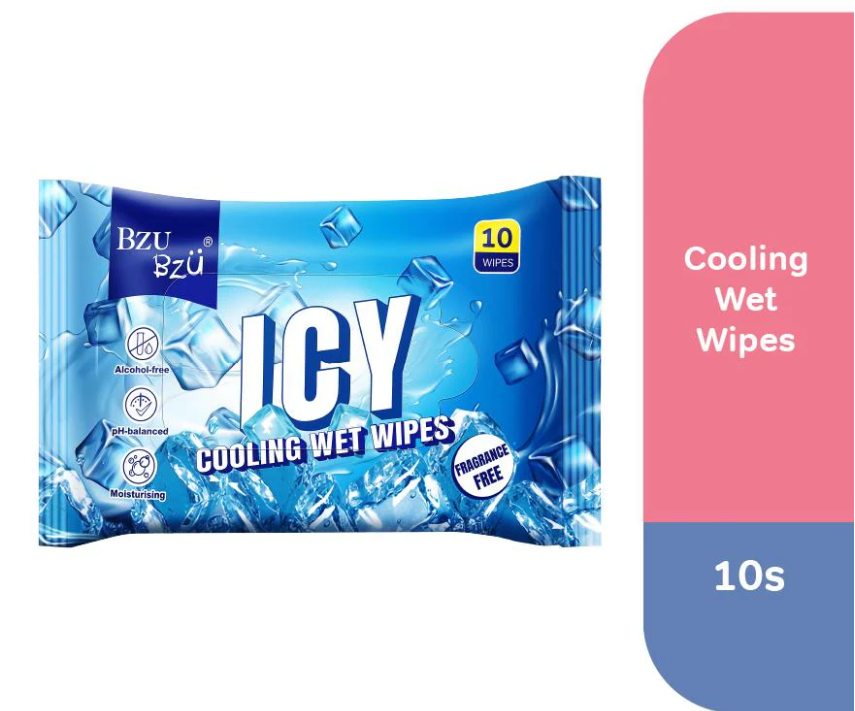 BZU BZU Icy Cooling Wet Wipes 10s pack fragrance-free, alcohol-free refreshing wipes for the bulk men's grooming corporate collection.