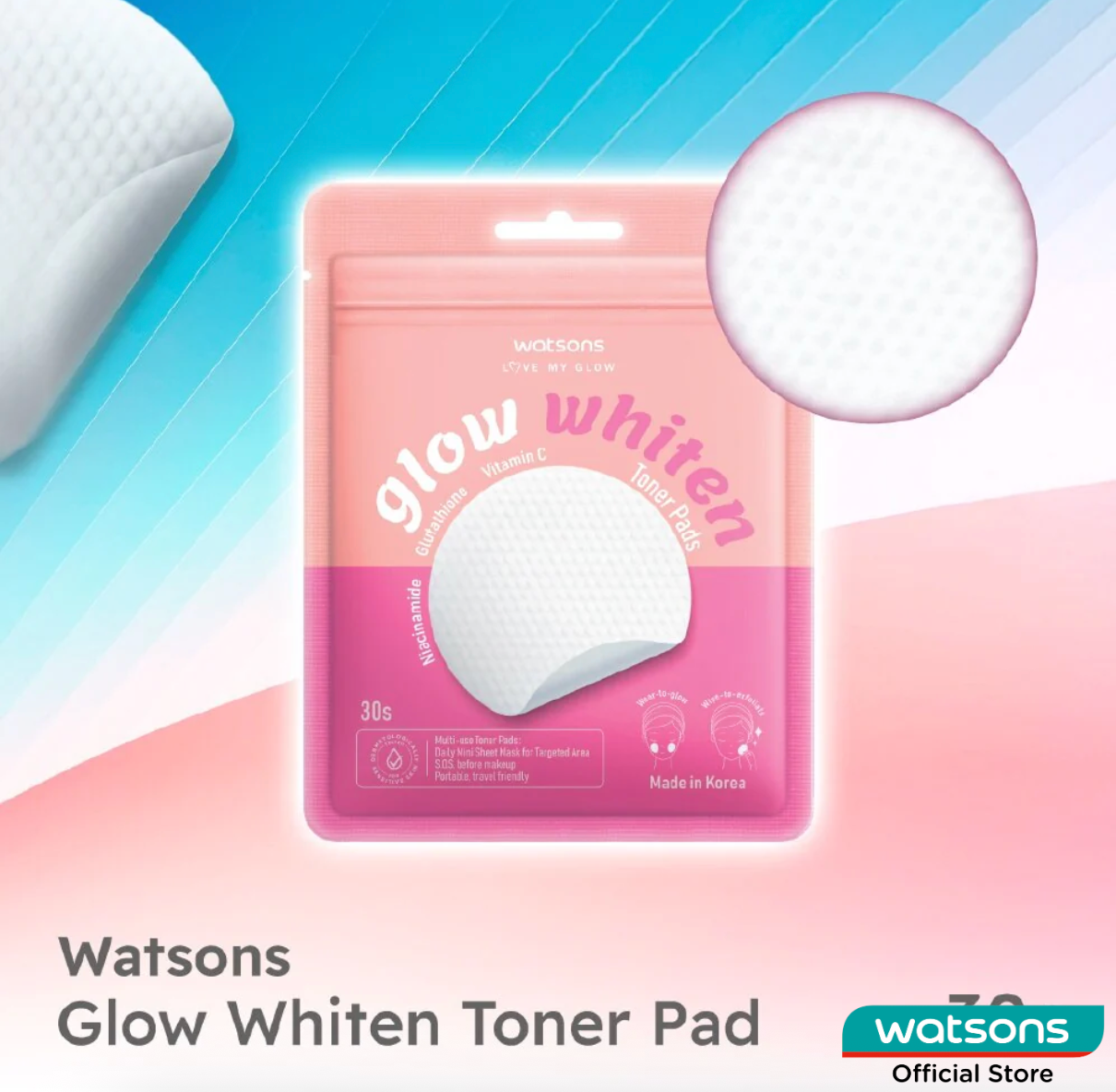 Watsons Glow Whiten Toner Pad 30s pack highlighting multi-use Korean skincare toner pads for corporate skincare facial collections.