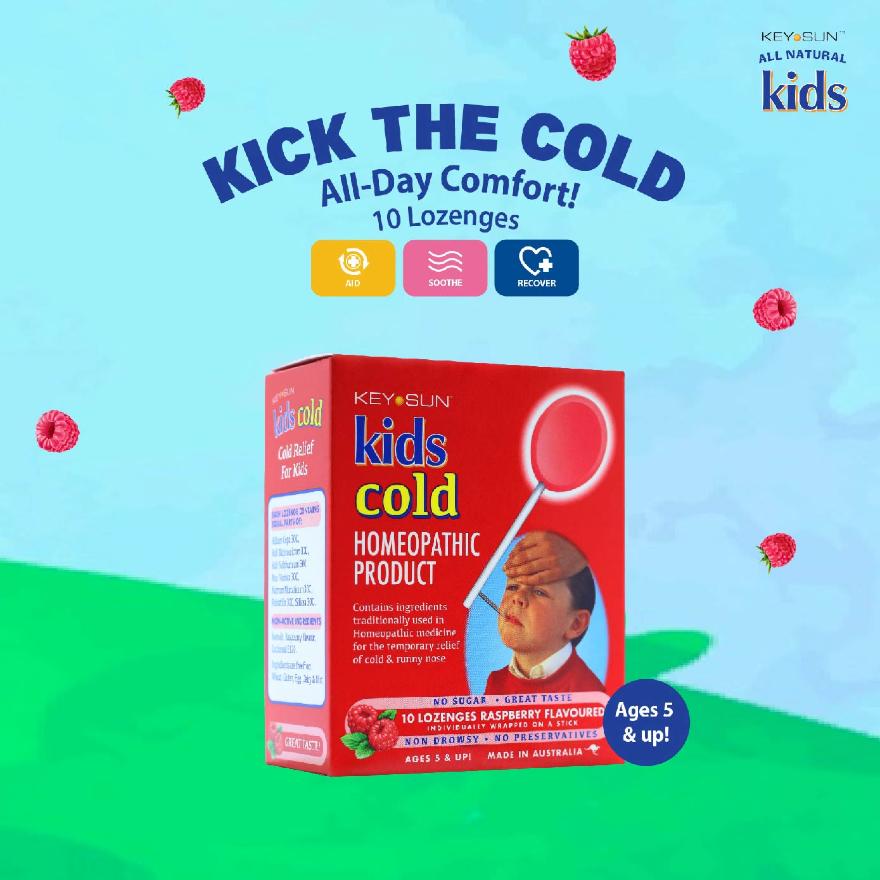KEY SUN All Kids Natural Lozenges for Kids Raspberry (Individually Packed + For Temporary Relief of Cold & Runny Nose + Suitable for Age 5 & Up) 10s