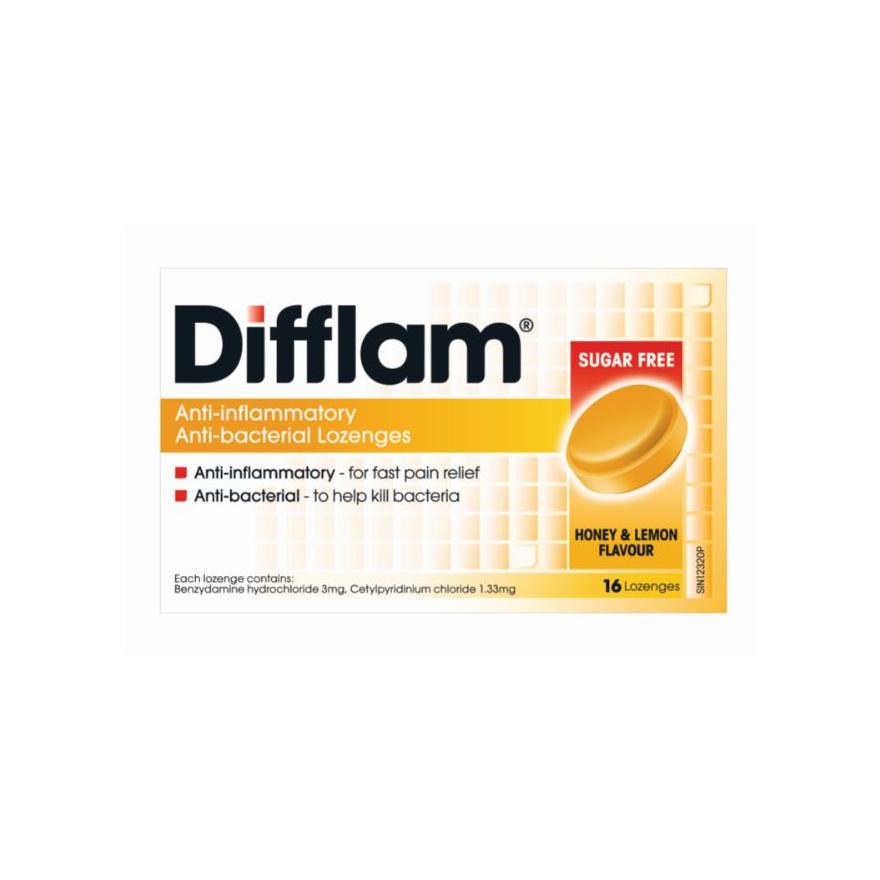 DIFFLAM Anti-Inflammatory Anti-bacterial Honey Lemon Sugar Free 16 Lozenges