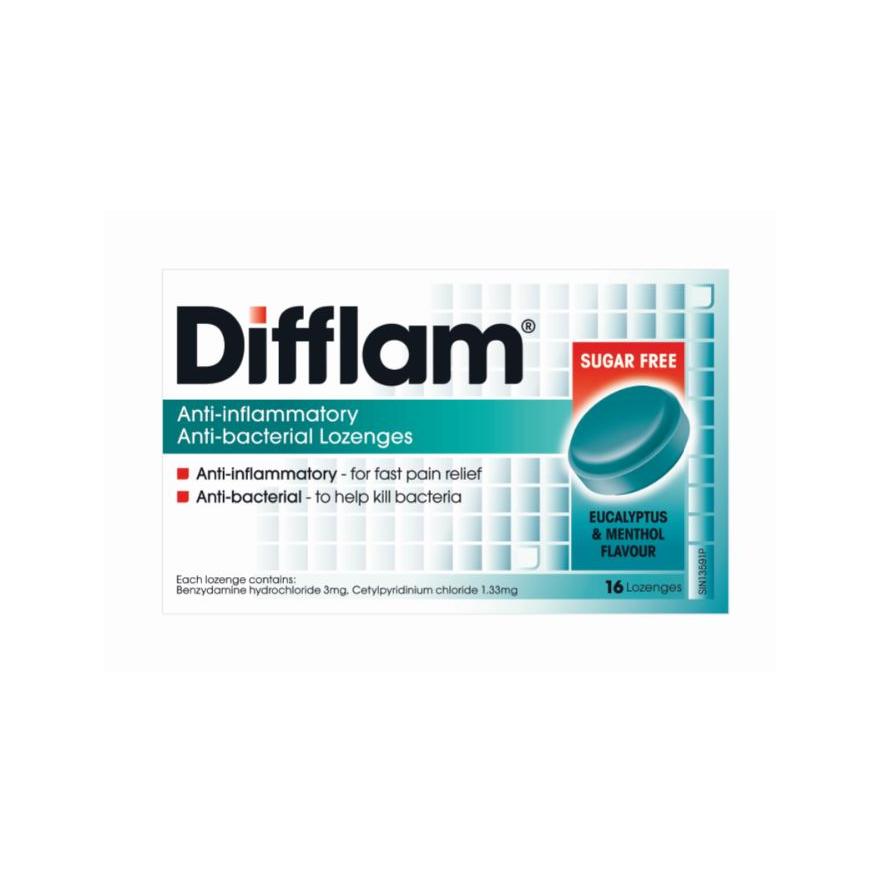 DIFFLAM Anti-Inflammatory Anti-bacterial Eucalyptus & Menthol Sugar Free 16 Lozenges