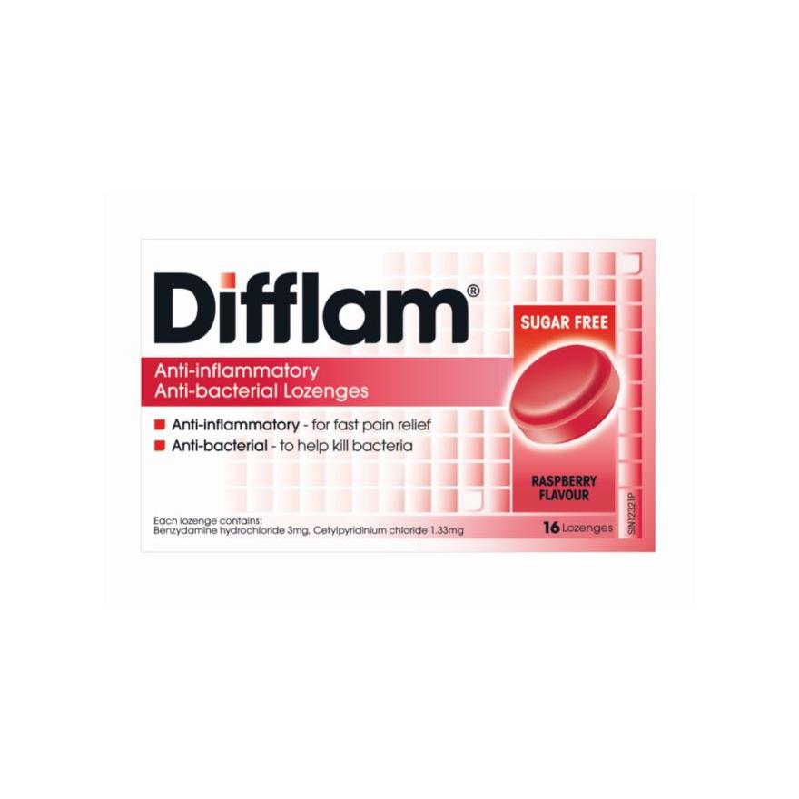 DIFFLAM Anti-Inflammatory Anti-bacterial Raspberry Sugar Free 16 Lozenges