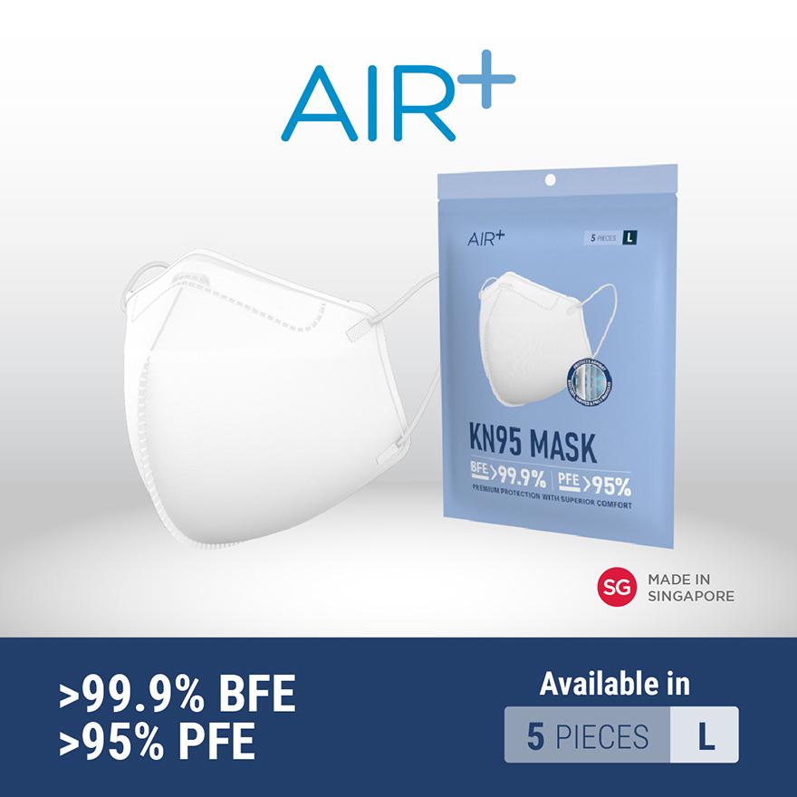 AIR+ KN95 Disposable Face Mask Size L (BFE >99.9% + PFE>95% + PM2.5) 5s