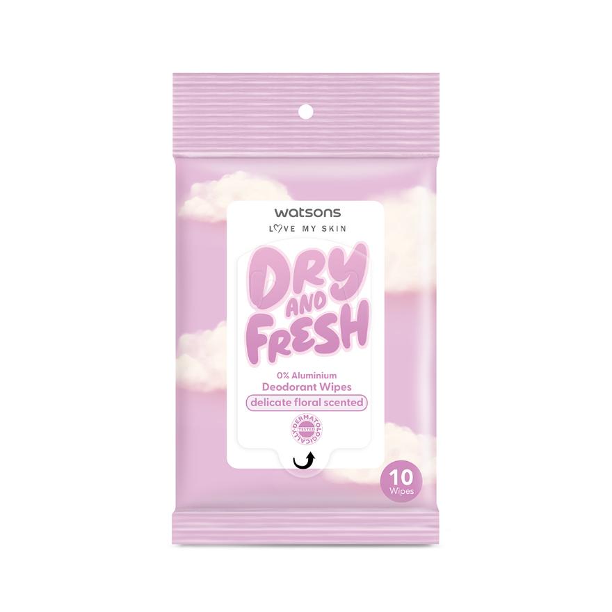 WATSONS Dry And Fresh Deodorant Wipes Delicate Floral Scented (0% Aluminium, Dermatologically Tested) 10s