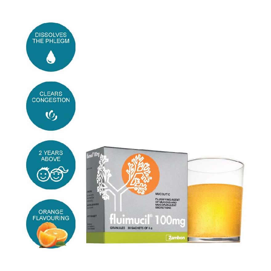 FLUIMUCIL Granules Sachet 100mg Orange Flavour (Dissolves phlegm for 2 yrs to 6 yrs old) 30s
