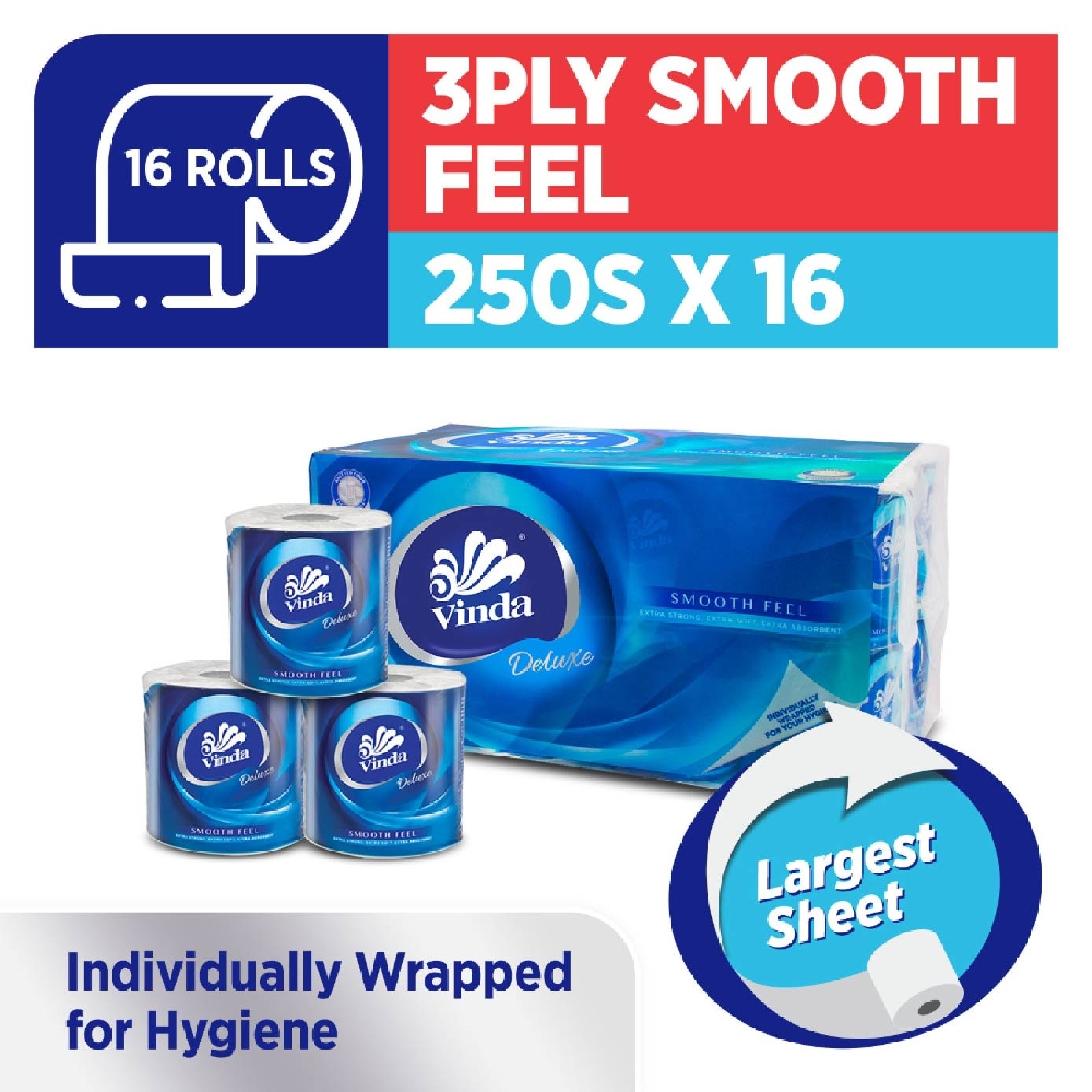 VINDA Deluxe Smooth Feel 3-Ply Largest Sheet Roll 250s x 16 Roll