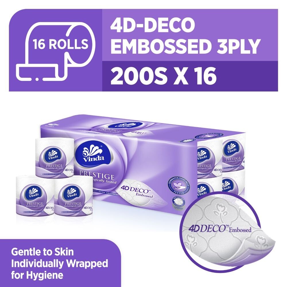 VINDA Prestige 4D-Deco Embossed 3 Ply Roll (Gentle To Skin, Individually Wrapped For Hygiene) 200s x 16s