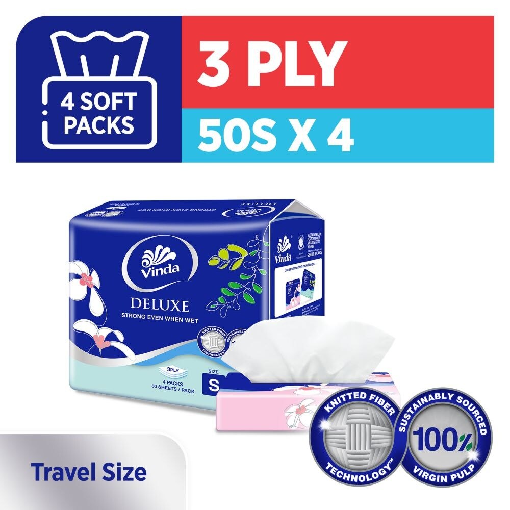VINDA Deluxe Strong Even When Wet 3-Ply Sheet Travel Size 50s x 4
