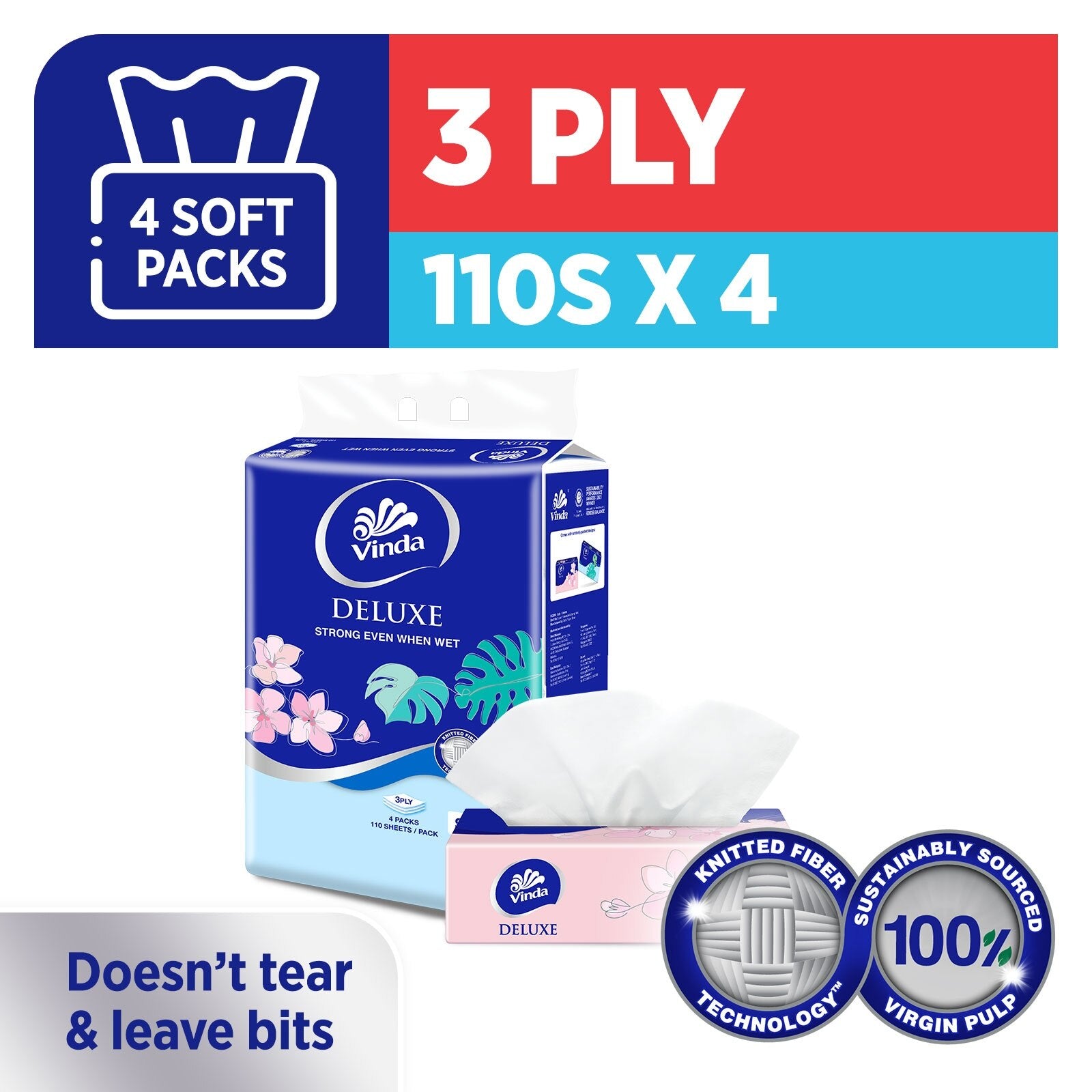 VINDA Deluxe Strong Even When Wet 3-Ply Soft Pack Set 50s x 4