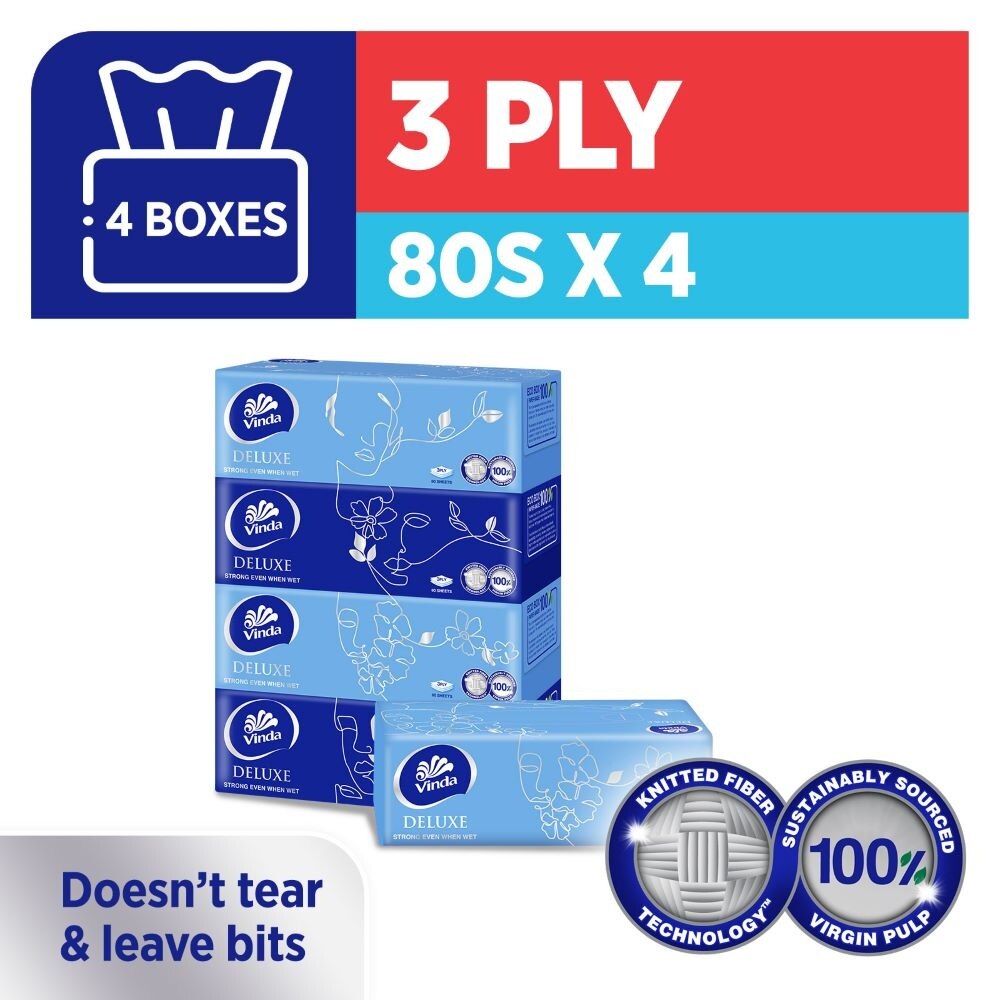 VINDA Deluxe Strong Even When Wet 3-Ply Boxes 80s x 4