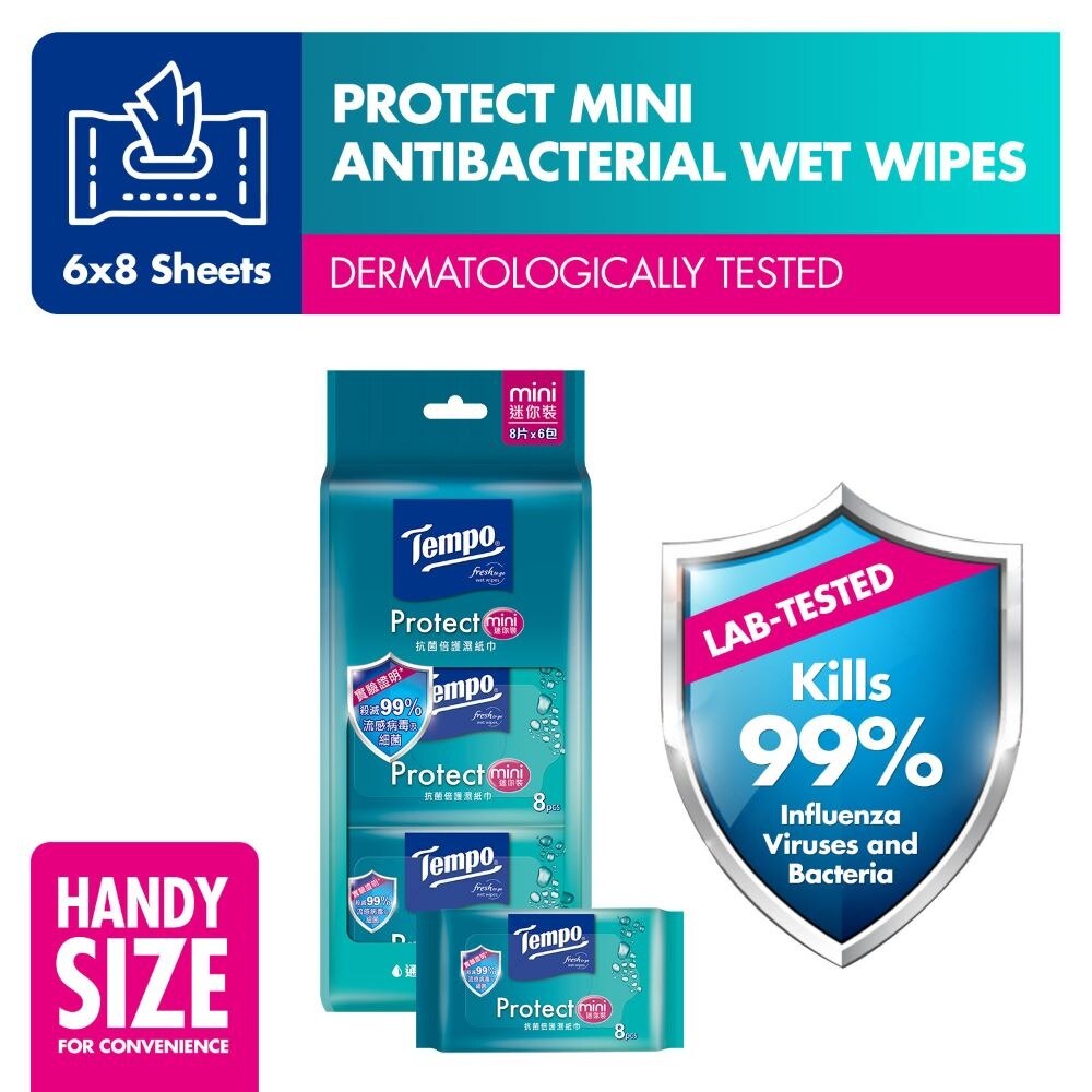 TEMPO Protect Mini Antibacterial Wet Wipes Handy Size (Kills 99% Influenza Viruses & Bacteria) 10 Sheets