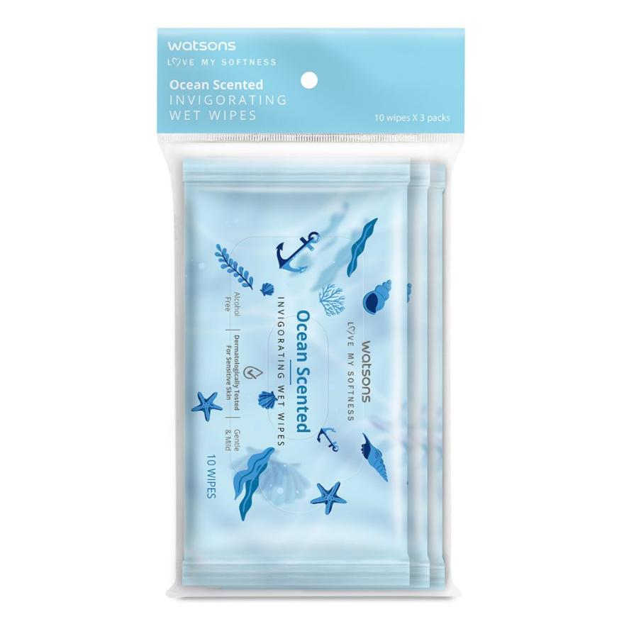 WATSONS Scented Invigorating Wet Wipes Ocean 10s x 3 packet