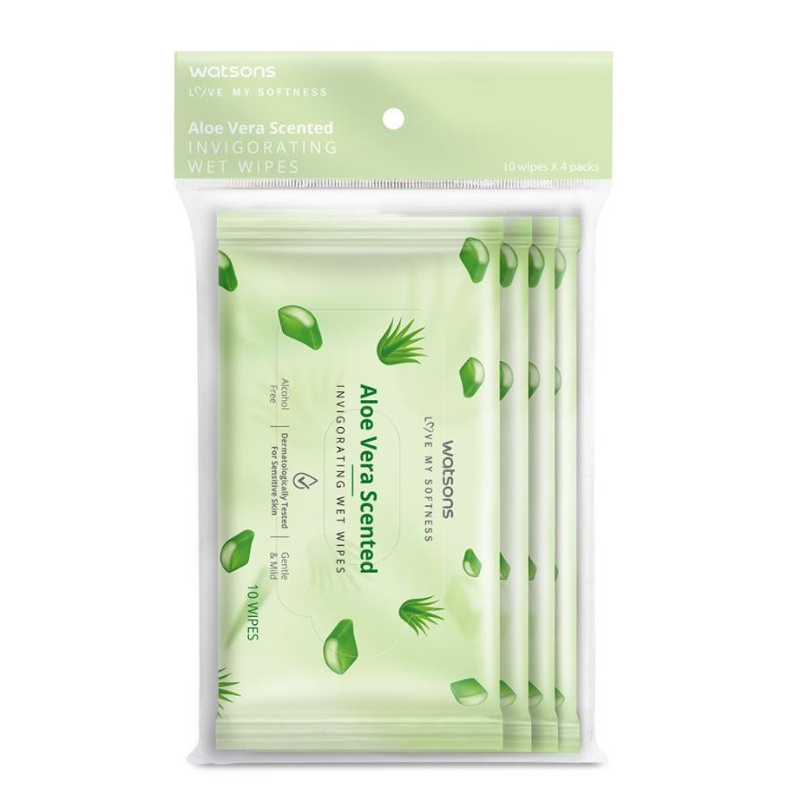WATSONS Scented Invigorating Wet Wipes Aloe Vera 10s x 4 packet