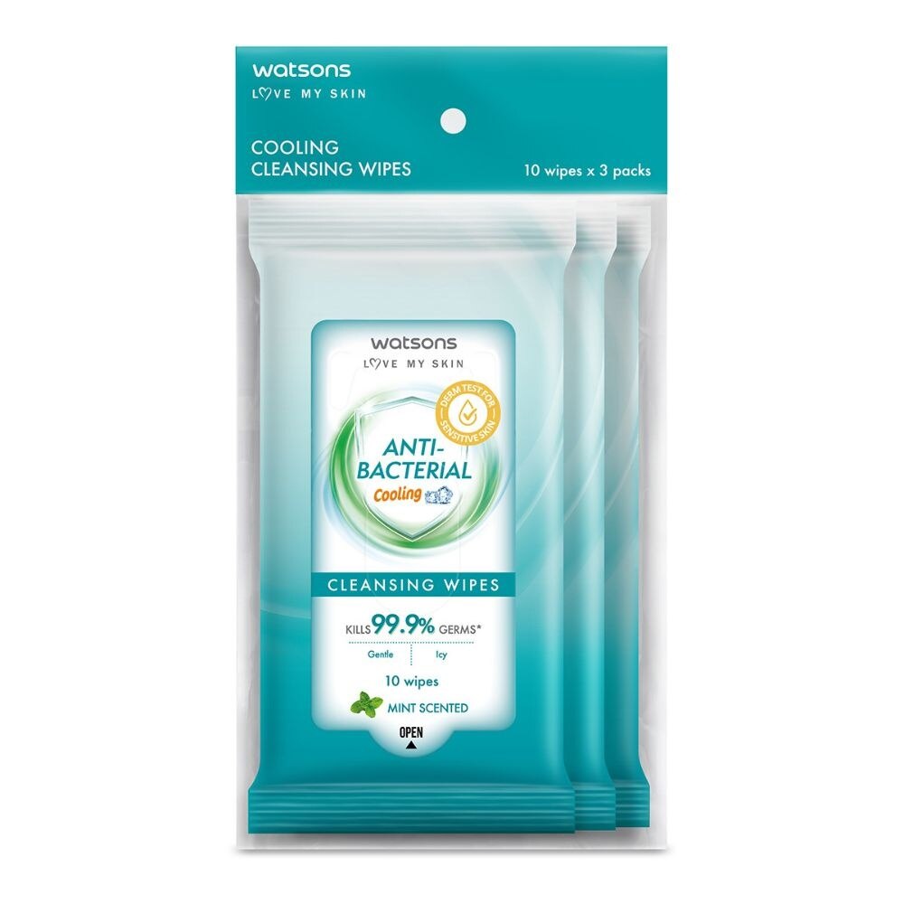 WATSONS Anti-Bacterial Cooling Cleansing Wipe Mint Pack Set (To Gently Cleanses & Leaves Skin Feeling Fresh) 10s x 3 Pack
