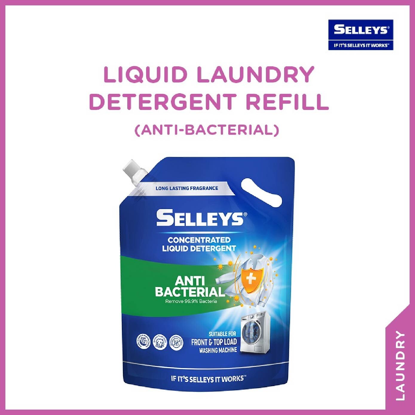SELLEYS Liquid Laundry Detergent Anti-Bacterial Refill Pack 2.4kg