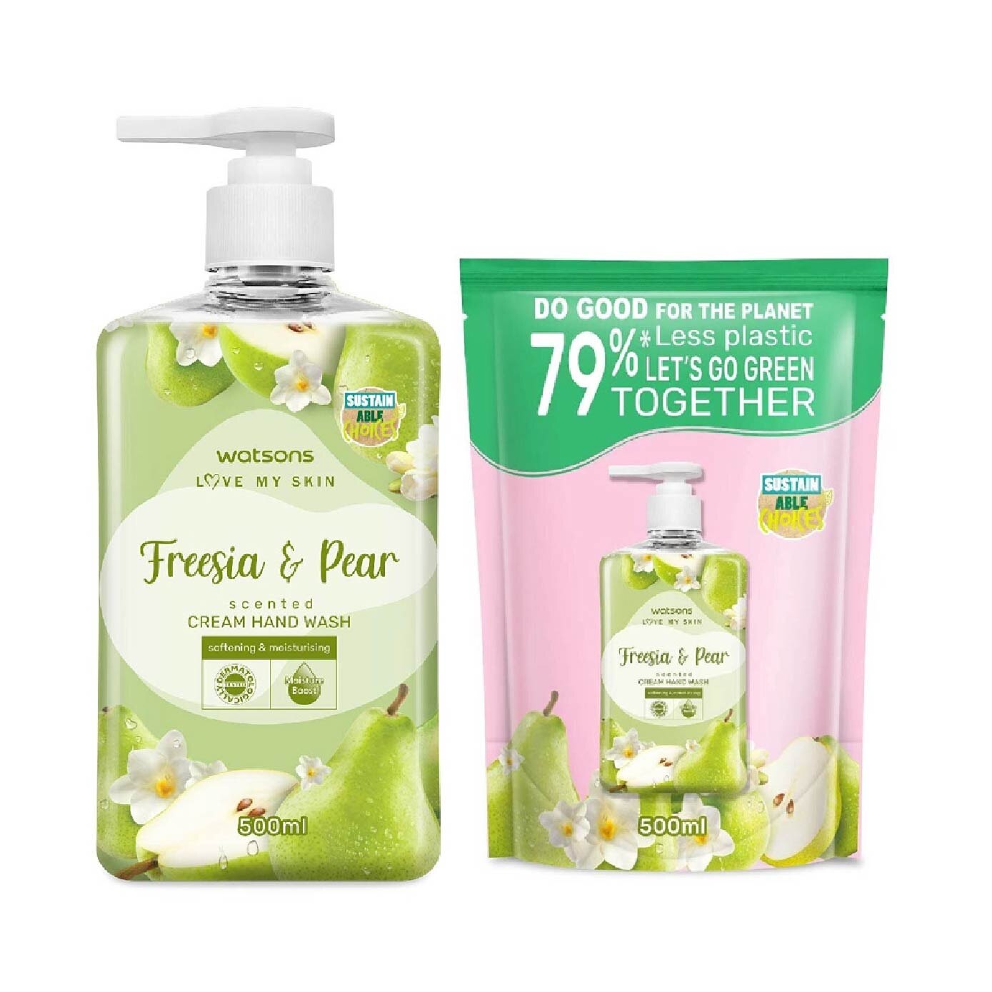 WATSONS Freesia & Pear Scented Hand Wash & Refill 500ml Bundle Set 1s